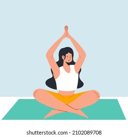 Young woman, doing yoga meditation at home, illustration concept.