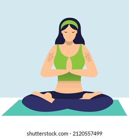 Young woman, doing yoga meditation at home, illustration concept.