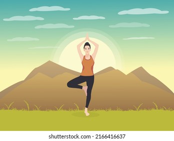 Young woman doing yoga in the middle of nature, beautiful morning sunlight surrounded by mountains. vector illustration healthy exercise concept