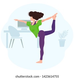 Young woman doing yoga in the office. Coping with stress at work. Relaxation, meditation and stretching. The girl is standing in the asana next to the table and the computer. Vector illustration.