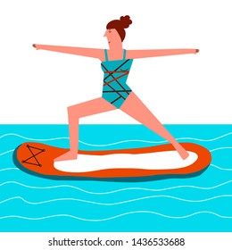 Young woman doing yoga on stan up paddle board. Summer activity, fitness on water, healthy lifestyle in flat design. - Vector