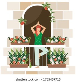 a young woman is doing yoga on a balcony among flowering plants. she stands in the tree pose. a drawing in the style of the cartoon. stock vector illustration. EPS 10.