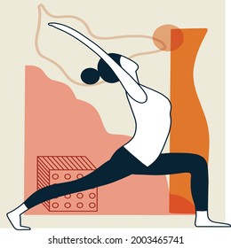 Young Woman Doing Yoga on Abstract Style of Art. Yoga Graphics Kit for Designing Postcard.Bundle Yoga Art Design. Woman doing Meditation and Spiritual Practice at Home.