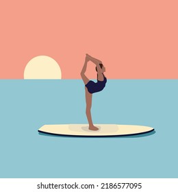 Young woman doing yoga on a sup board. Female character in swimsuit on a surfboard. Scene of summer vacation or vacation at sea.	
