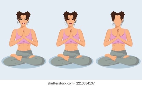 Young woman doing yoga on the blue background three variants