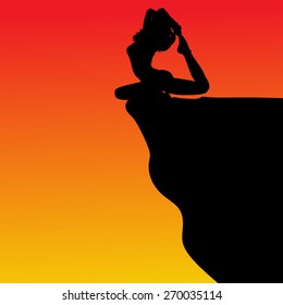 Young woman doing yoga on cliff, vector