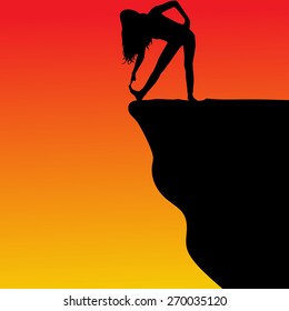 Young woman doing yoga on cliff, vector