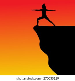 Young woman doing yoga on cliff, vector