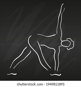 Young woman doing yoga one stroke drawing on black chalkboard, Triangle pose asana, simple flat vector illustration