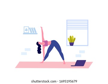 Young Woman Doing Yoga. Online Yoga Class. Coronavirus Quarantine. Vector