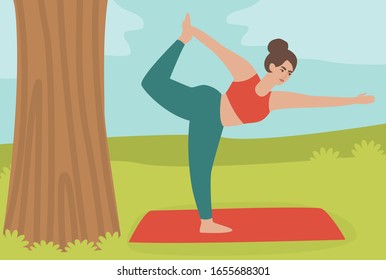 Young woman doing yoga in the park, vector illustration. Flat illustration of a sports girl, nature, tree, grass.