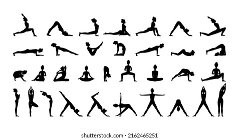 Young woman doing yoga or pilates exercises. Set of vector silhouette illustrations design isolated on white background. Icons, t-shirt graphics, print