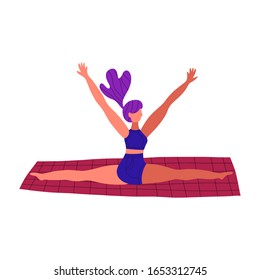 Young woman doing yoga pose on a rug. Fitness sport concept. Cartoon simple flat style. Vector illustration isolated.