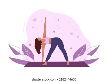 Young woman doing yoga pose with healthy lifestyle, fitness and sport concept. Cartoon flat vector illustration. Girl go in for sports. People doing exercise