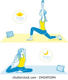 Young woman doing yoga poses while looking at a tablet