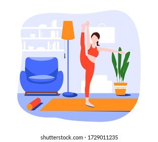 Young woman doing yoga posture and meditating. Girl performing aerobics exercise and morning meditation at home. Physical and spiritual practice. Vector illustration in flat cartoon style.