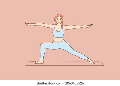 Young woman doing yoga practice, keeping fit, healthy living concept. Hand drawn style vector design illustrations