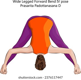 Young woman doing yoga Prasarita Padottanasana D. Wide Legged Forward Bend 4 pose. Intermediate Difficulty. Isolated vector illustration.