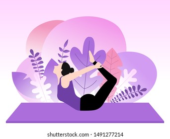 Young woman doing yoga. Purple background with plant silhouette.