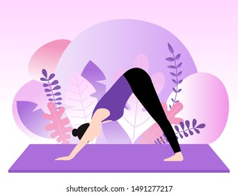 Young woman doing yoga. Purple background with plant silhouette.