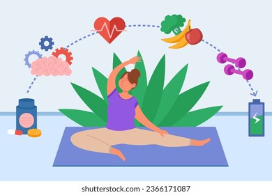 Young woman doing yoga to recharge energy vector illustration. Meditation, medicine, fruits and healthy food, fitness exercise helping people relax. Health care, wellness, energy concept