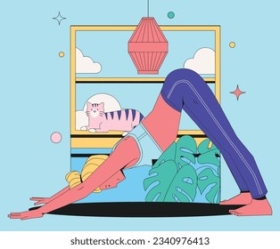 Young woman doing yoga routine in home with a cat on the window vector illustration