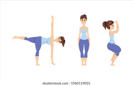 Young Woman Doing Yoga Set, Female Athlete Practicing Different Yoga Poses, Healthy Lifestyle Concept Cartoon Vector Illustration