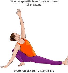 Young woman doing yoga Skandasana. Side Lunge with Arms Extended pose. Intermediate Difficulty. Isolated vector illustration.