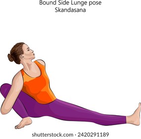 Young woman doing yoga Skandasana. Bound Side Lunge pose. Intermediate Difficulty. Isolated vector illustration.