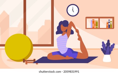 Young woman doing yoga. Sports activities, home workouts. Girl monitors her health, stretches, flexibility. Meditation, relaxation. Cartoon flat vector illustration isolated on brown background