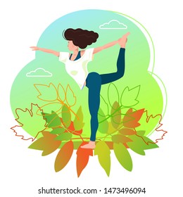 A young woman doing yoga, standing on autumn leaves. Outdoor sports. Vector illustration.