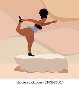 Young woman doing yoga. Standing Bow pose. Yoga Dandayamana Dhanurasana posture or asana. Female cartoon yoga pose. Full body yoga workout vector illustration