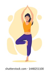 Young woman is doing yoga, stretching. Tree pose. Healthy lifestyle, relaxation concept. Vector illustration isolated on white