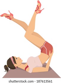 Young woman doing yoga in stylish high heel sandals, vector cartoon