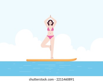 Young woman is doing yoga in swimsuit on sup. Stand up paddle. Modern flat style illustration isolated on white background.