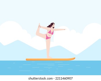 Young woman is doing yoga in swimsuit on sup. Stand up paddle. Modern flat style illustration isolated on white background.