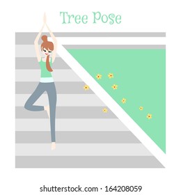Young Woman Doing Yoga Tree Pose near Swimming Pool
