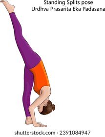 Young woman doing yoga Urdhva Prasarita Eka Padasana. Standing Splits pose. Intermediate Difficulty. Isolated vector illustration.