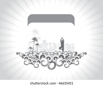  A young woman doing yoga vector silhouette in urban city background, vector illustration