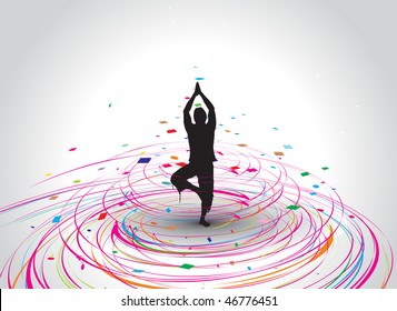  A young woman doing yoga vector silhouette in rainbow mosaic wave line , vector illustration