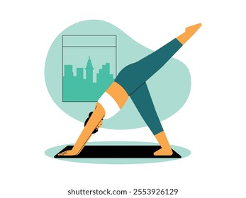 Young woman doing yoga is very good for stretching the whole body, especially back, legs and arms, maintaining physical and mental health through meditation, vector illustration.