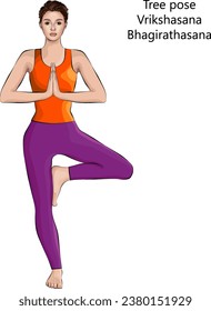 Young woman doing yoga Vrikshasana. Tree pose. Intermediate Difficulty. Isolated vector illustration.