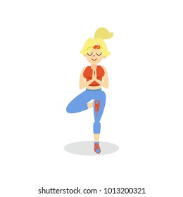 Young woman doing yoga in a vrksasana position, girl working out in the fitness club or gym, active healthy lifestyle cartoon vector Illustration