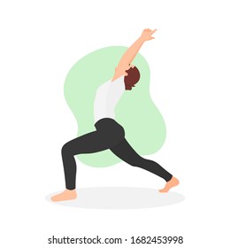 Young woman doing a yoga warrior pose. Side view of yoga position. Back bend. Healthy lifestyle concept. Workout training exercise. Female gym instructor - Flat design vector character illustration.