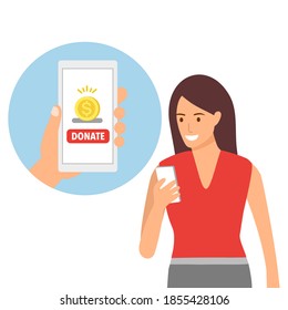 Young Woman Donate Money Via Smartphone In Flat Design. Time For Charity. Online Donation Concept Vector Illustration On White Background. Kindness To Poverty.
