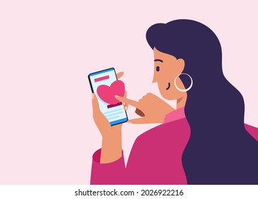 Young Woman Donate via Mobile Phone Apps or Web Flat Illustration