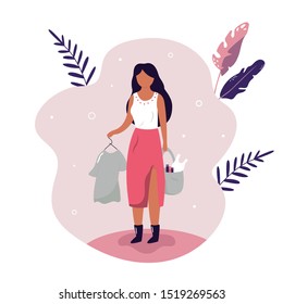 Young woman with donating bags and t shirt. Flat design