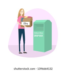 Young  woman is donating clothing to the clothing donation drop box. Box full of clothes. Mindful living, minimalism and charity vector concept.