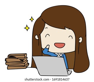 Young woman done her job by computer. Blue formal suit work clothes. Cartoon chibi character vector.