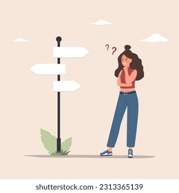 Young woman in doubt. Cute female character standing at pointer and making choice or decision. Concept of finding right direction or route in life. Vector illustration in flat cartoon style.